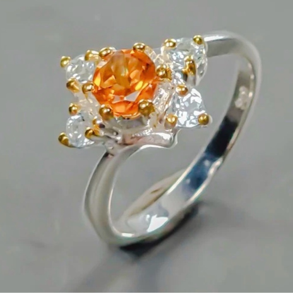 Elegant Natural Citrine & Topaz Flower in 925 Sterling Silver Ring Size 5.5